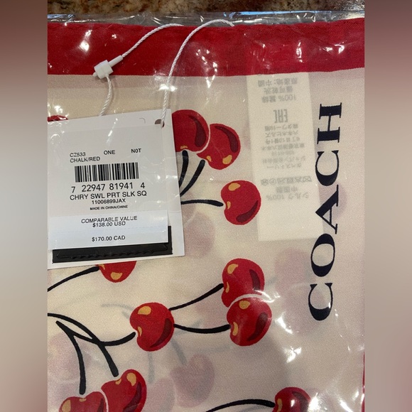 COACH 🍒Cherry Swirl Print Pattern🍒 35 x 35 Silk Square Scarf, NWTags, MFG Sealed - Picture 1 of 6